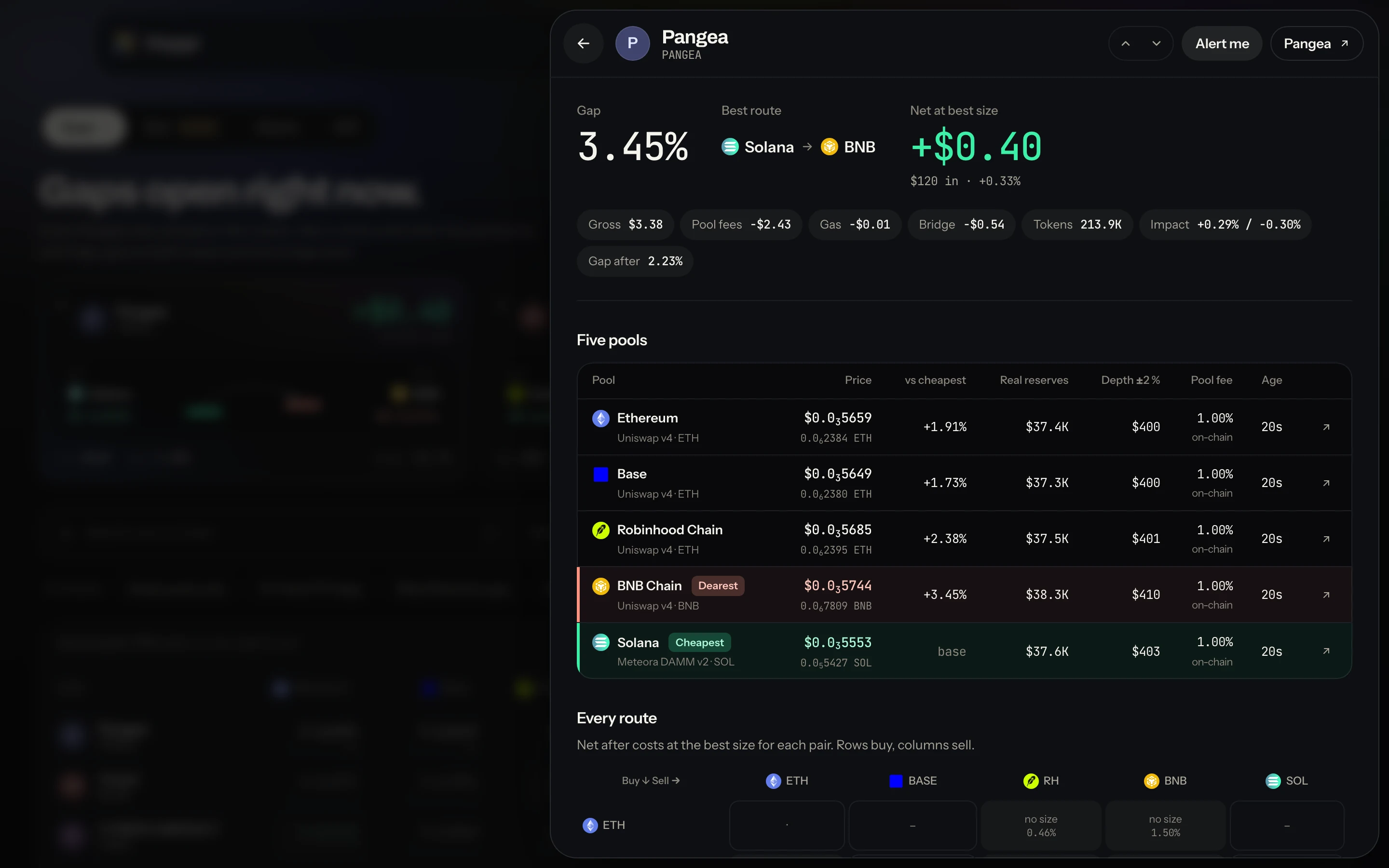 One coin in detail: its five pool prices, the cheapest and dearest chain, net by trade size and the gap over time.